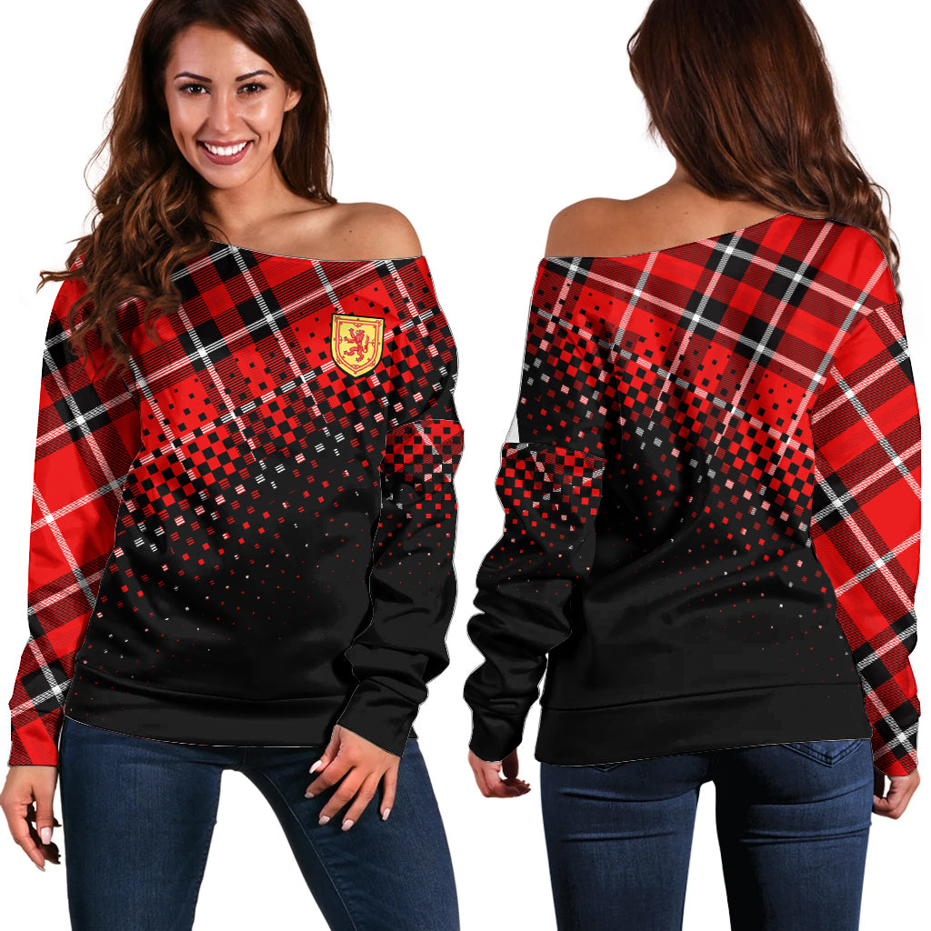 Scottish Gaelic Off Shoulder Sweater Crest Scotland Lion Tartan - Wonder Print Shop