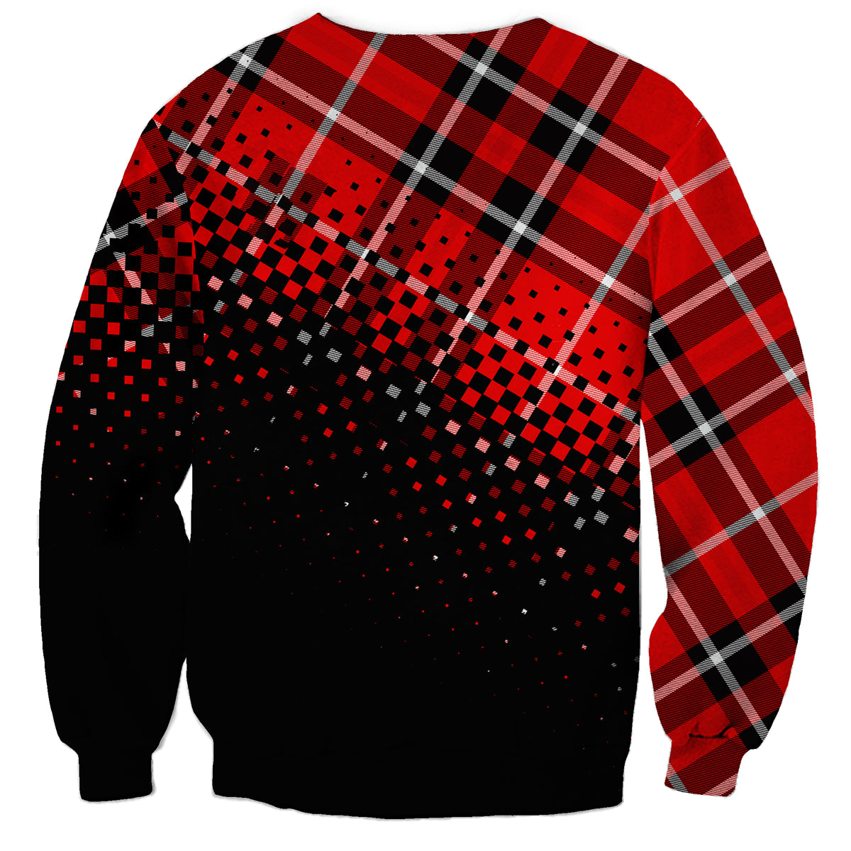Unisex red and black sweatshirt with full back tartan plaid and dotted pattern