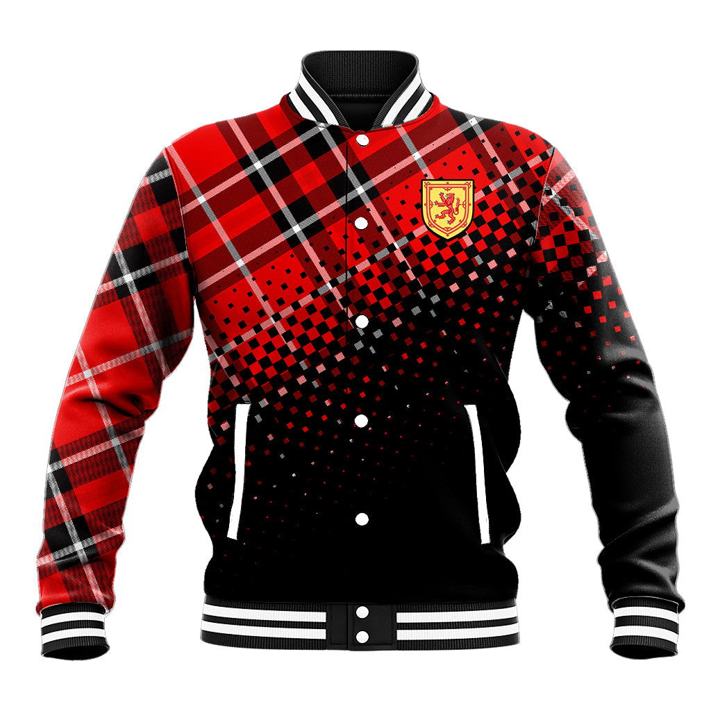 Red and black tartan baseball jacket with lion crest patch, striped rib collar and cuffs