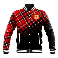Red and black tartan baseball jacket with lion crest patch, striped rib collar and cuffs