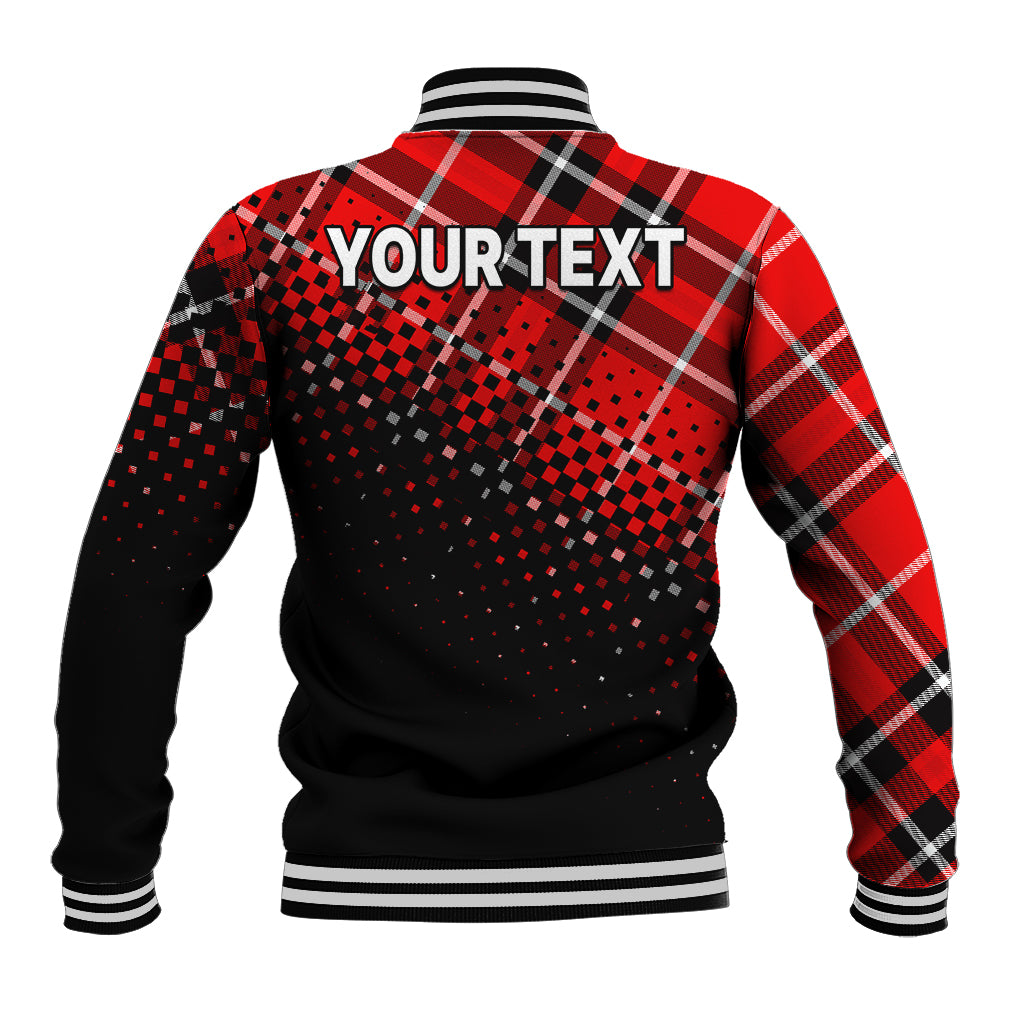 Red and black tartan baseball jacket back with 'YOUR TEXT' print and striped rib hem