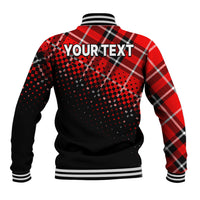 Red and black tartan baseball jacket back with 'YOUR TEXT' print and striped rib hem