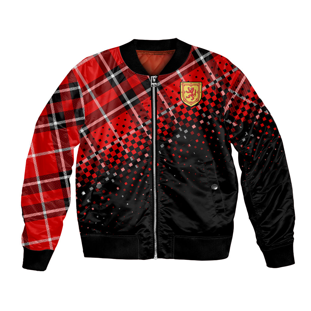 Red and black tartan bomber jacket with lion crest patch, zip front, black ribbed cuffs