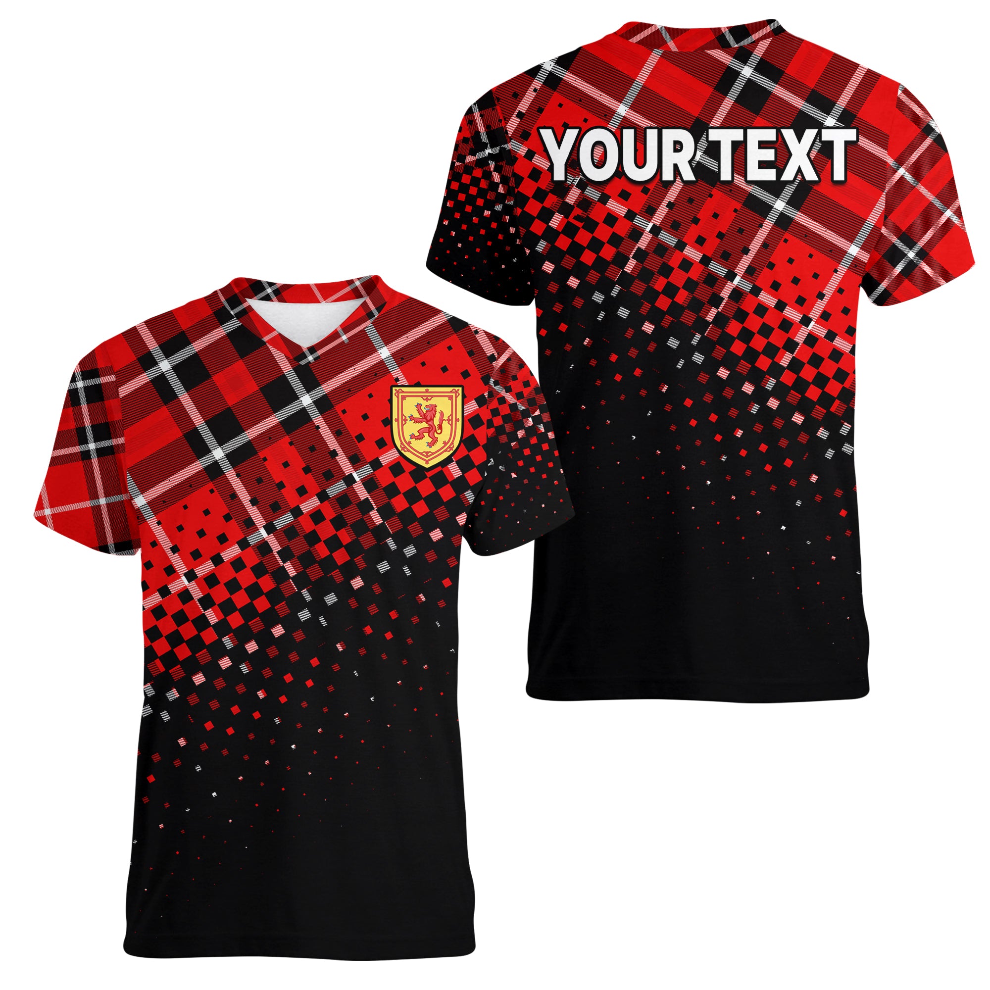 custom-personalised-scottish-gaelic-women-v-neck-t-shirt-crest-scotland-lion-tartan