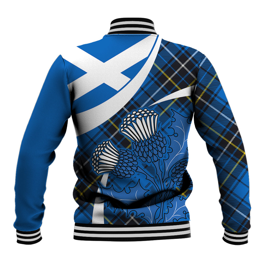 Blue tartan baseball jacket back with white-blue cross, striped rib collar and cuffs