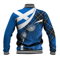 Blue tartan baseball jacket back with white-blue cross, striped rib collar and cuffs