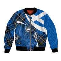 Blue bomber jacket with tartan plaid panels, thistle print, and front zipper closure