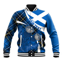 Blue tartan baseball jacket with white stripe collar, snap front, thistle-style graphic