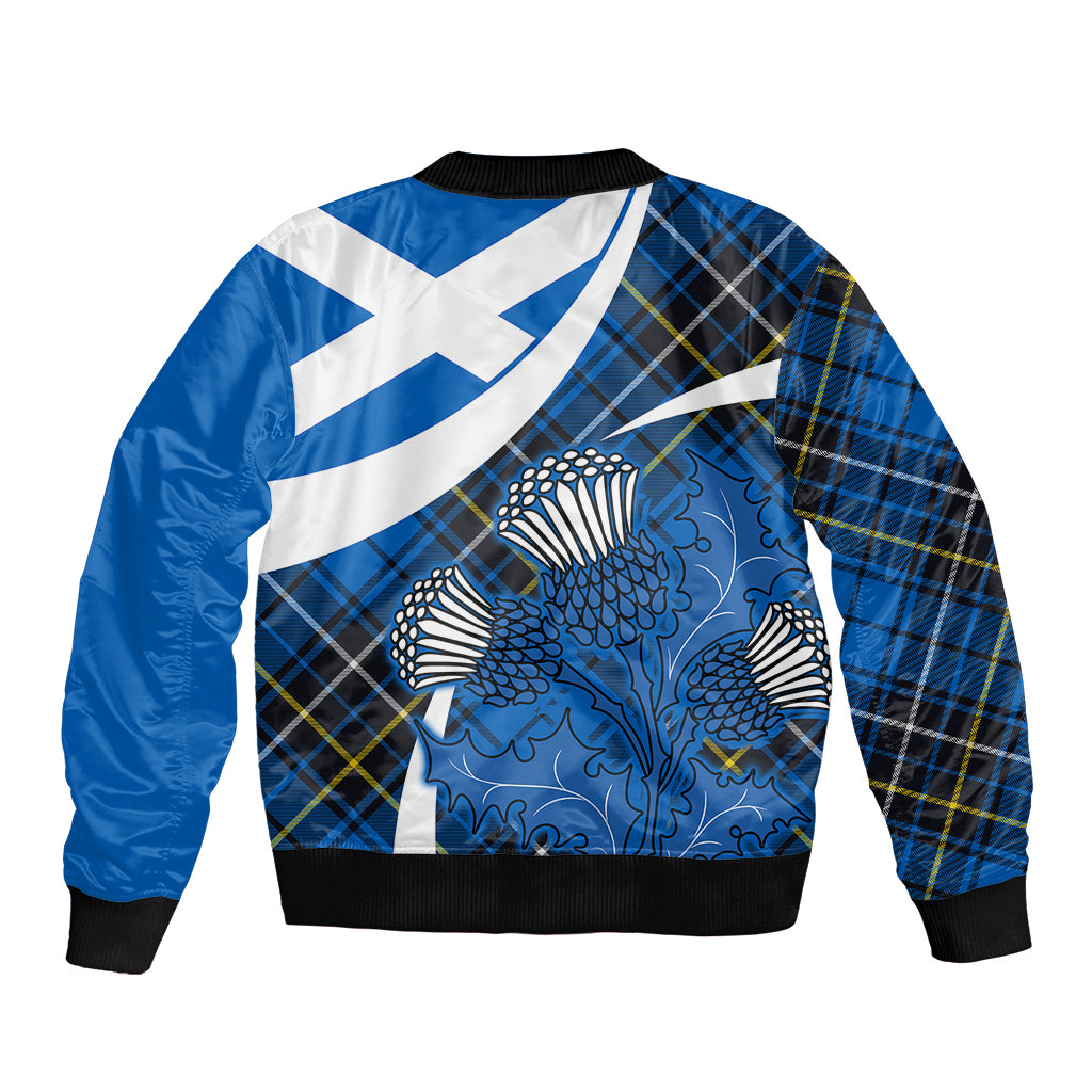 Blue bomber jacket with tartan panel and large thistle motif, black ribbed hem