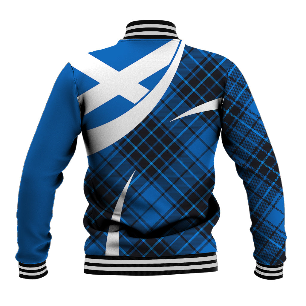Blue baseball jacket back with tartan check, white diagonal graphic, striped rib hem cuffs