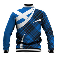 Blue baseball jacket back with tartan check, white diagonal graphic, striped rib hem cuffs