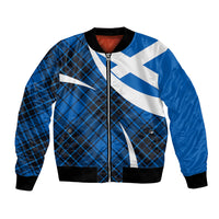 Blue bomber jacket with zipper, tartan plaid panels, and white Scottish saltire design