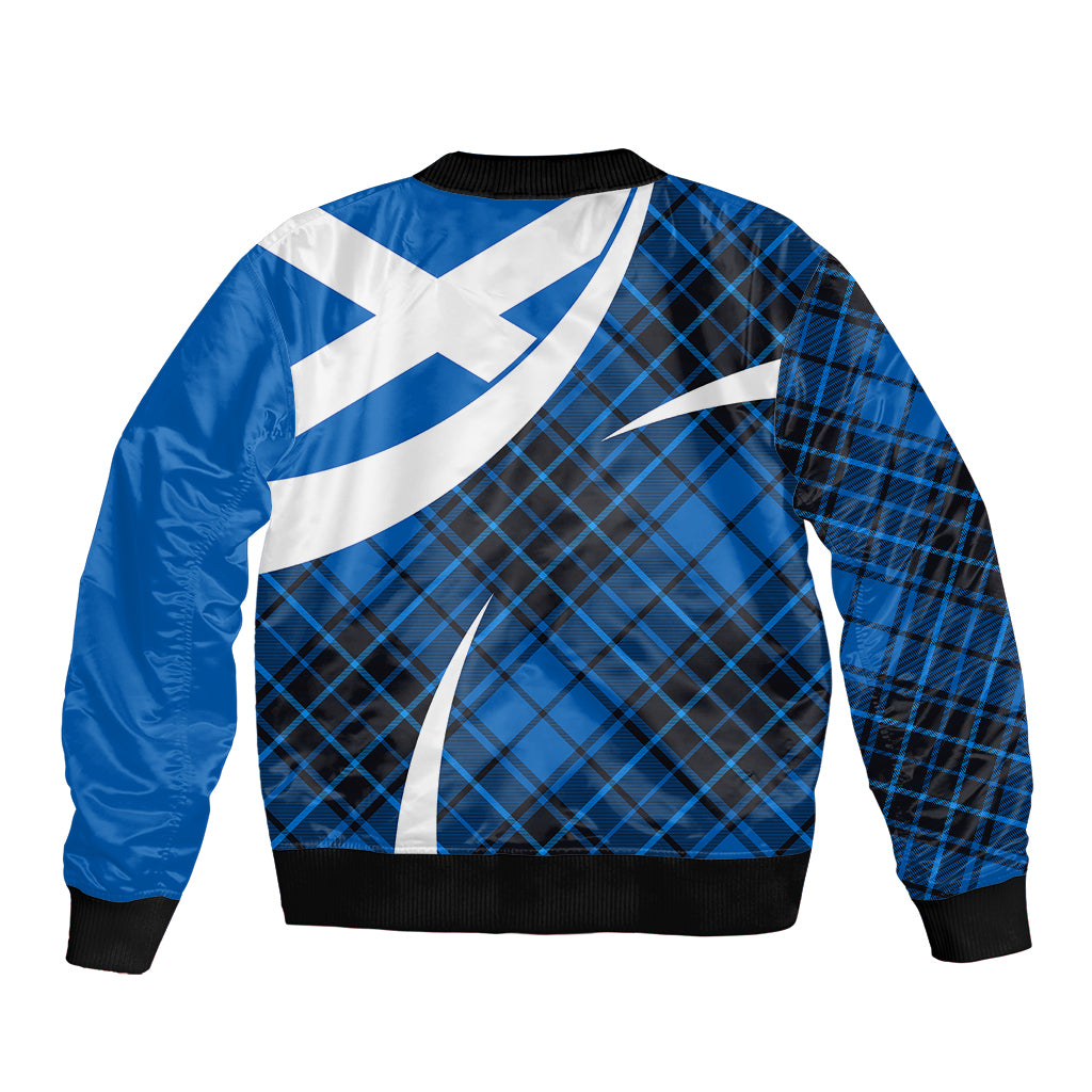 Blue bomber jacket back with tartan plaid, white Scottish saltire print, black rib hem