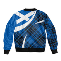 Blue bomber jacket back with tartan plaid, white Scottish saltire print, black rib hem
