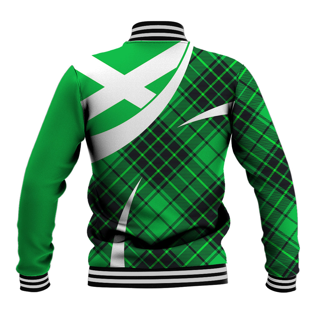 Green tartan baseball jacket back with white-green diagonal cross and ribbed striped hem
