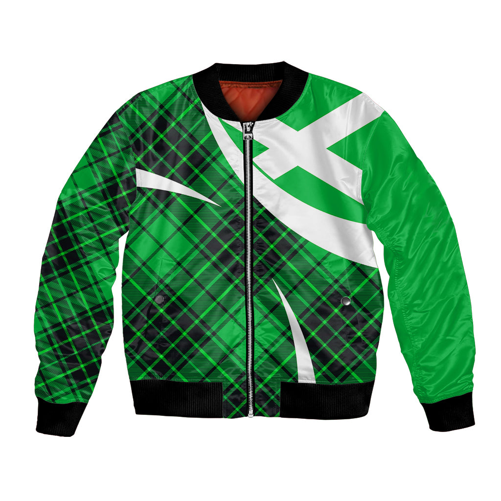 Green tartan bomber jacket with white diagonal stripe, front zipper, black ribbed cuffs and hem