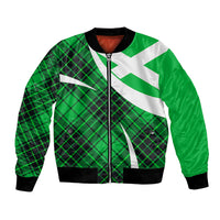 Green tartan bomber jacket with white diagonal stripe, front zipper, black ribbed cuffs and hem