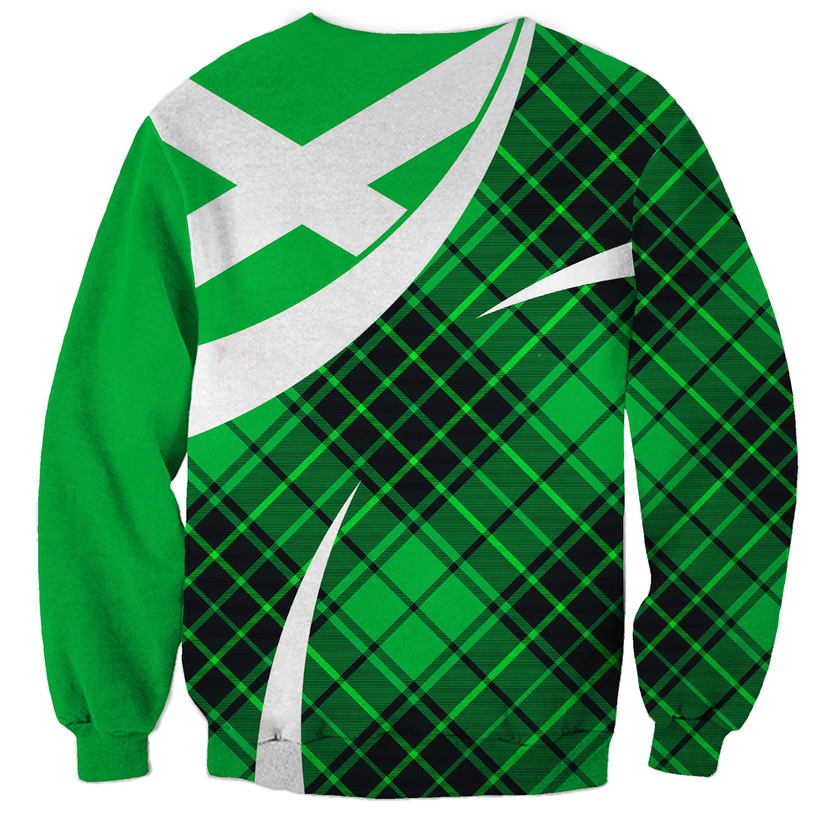 Unisex green sweatshirt with white diagonal cross and dark tartan plaid panels on body