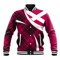 Baseball jacket with pink tartan plaid front, white stripe trims and snap buttons