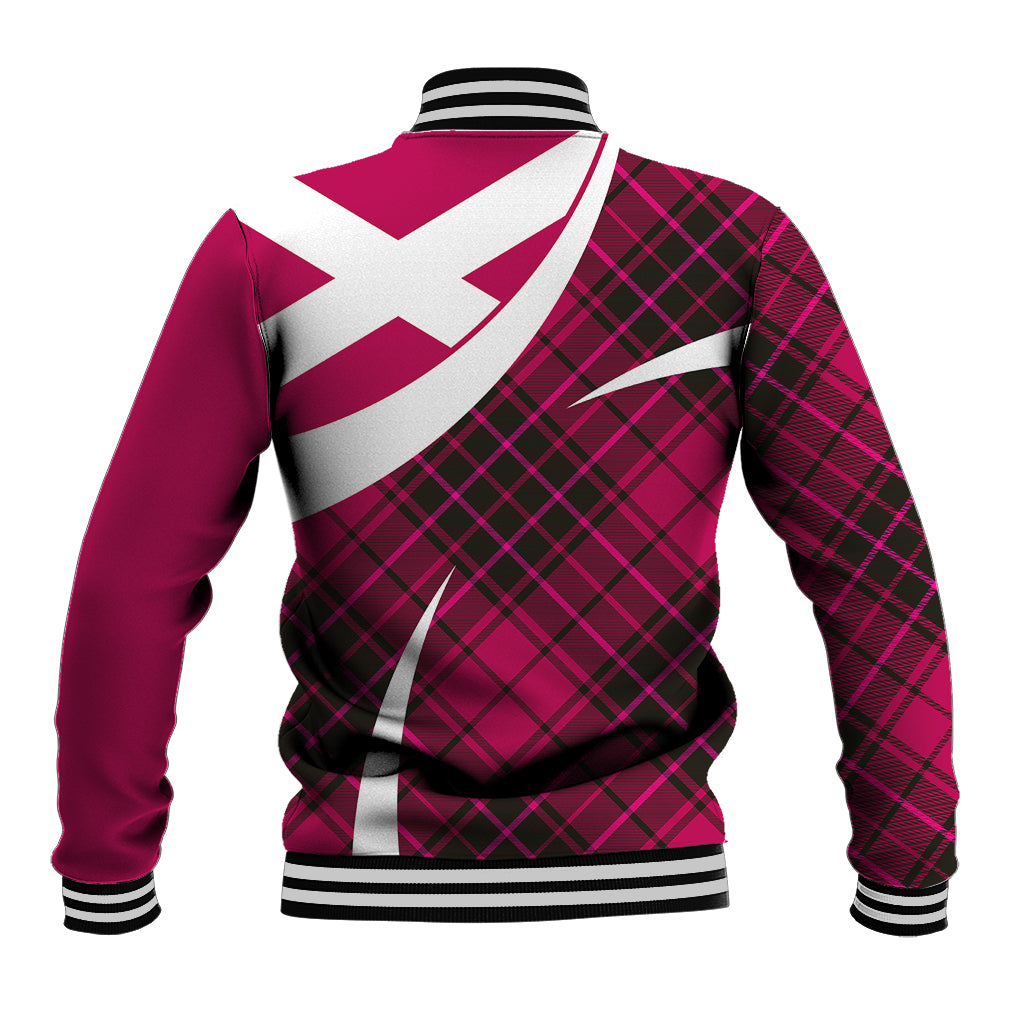 Baseball jacket back with large white and pink cross print over tartan plaid