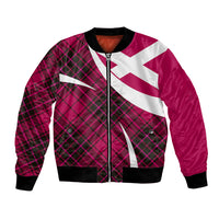 Pink tartan bomber jacket with black ribbed collar, full-zip front, flag-style panels