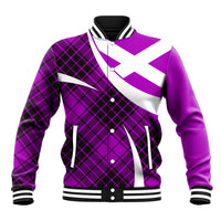Purple tartan baseball jacket with white X crest, snap buttons, ribbed striped cuffs and hem