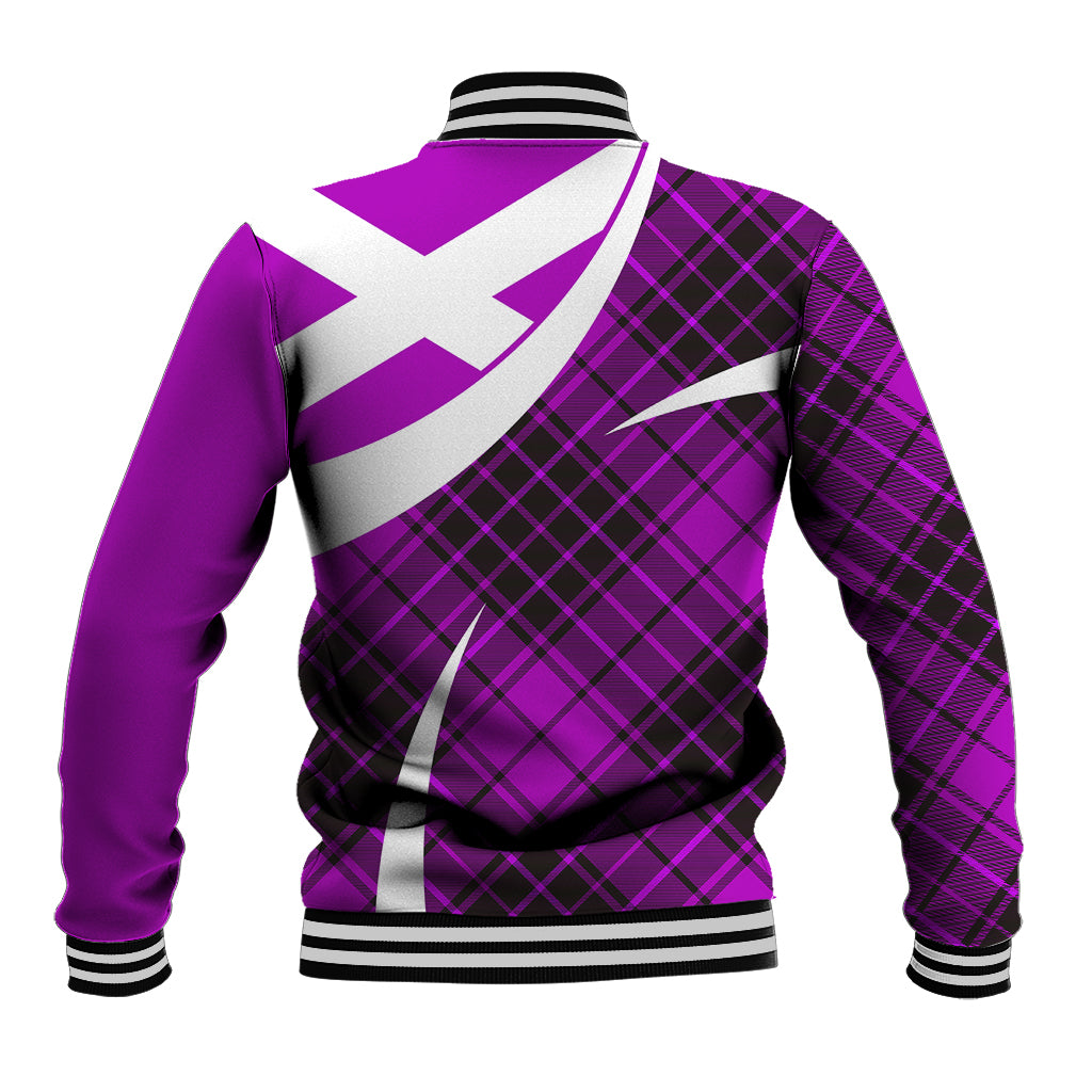 Back view purple tartan baseball jacket with white X graphic, ribbed collar and striped hem
