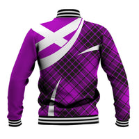 Back view purple tartan baseball jacket with white X graphic, ribbed collar and striped hem