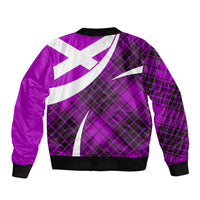 Purple bomber jacket with tartan plaid, large white diagonal cross, black ribbed hem and cuffs