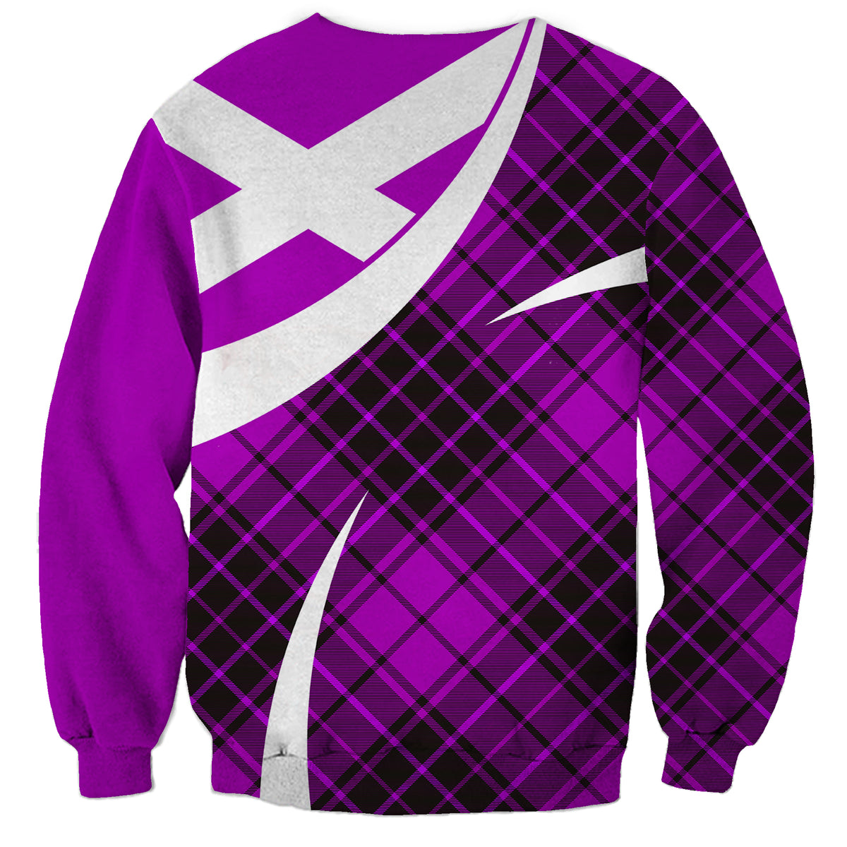 Purple unisex sweatshirt with tartan panel and large white diagonal cross graphic