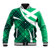 Turquoise baseball jacket with green plaid and white ribbed collar, snap front