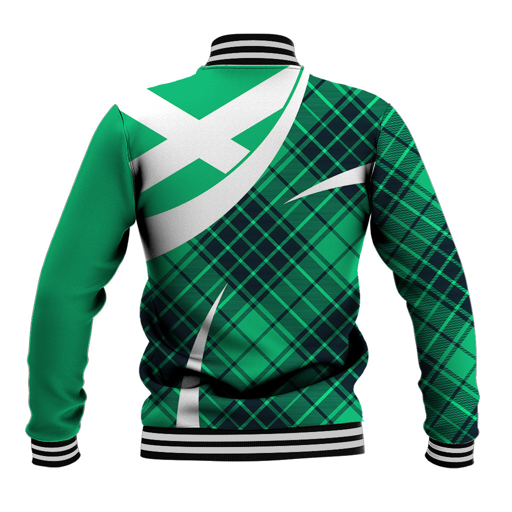 Turquoise baseball jacket with green plaid and white-green back graphic, ribbed cuffs