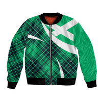 Green plaid bomber jacket with white cross print, front zip, black ribbed cuffs.