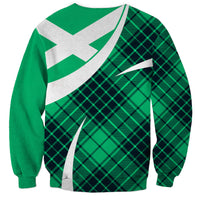 Unisex sweatshirt with green tartan plaid and white diagonal cross, green trim