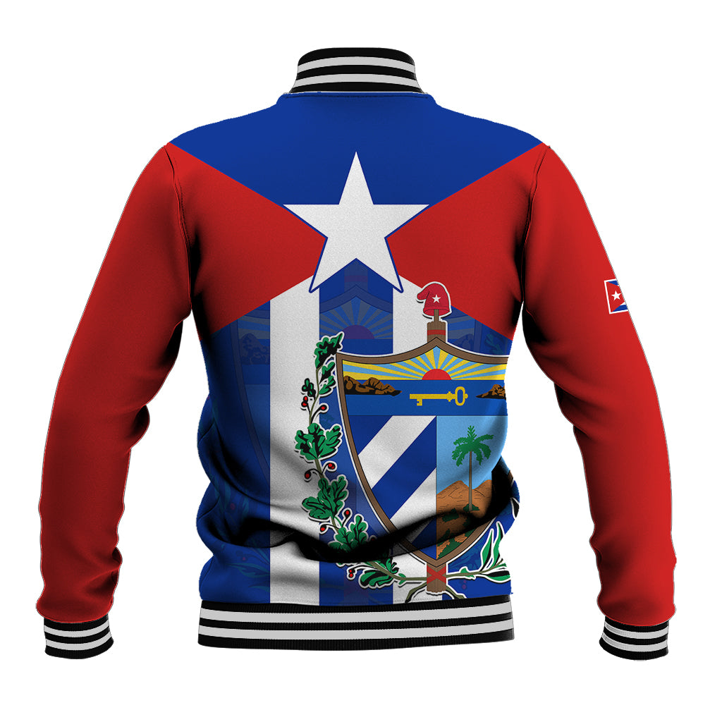 Unisex baseball varsity jacket back with Cuba crest, blue/red panels, striped ribbed hem