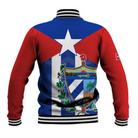 Unisex baseball varsity jacket back with Cuba crest, blue/red panels, striped ribbed hem