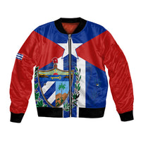 Blue and red bomber jacket with front zipper, black ribbed collar and cuffs, crest graphic