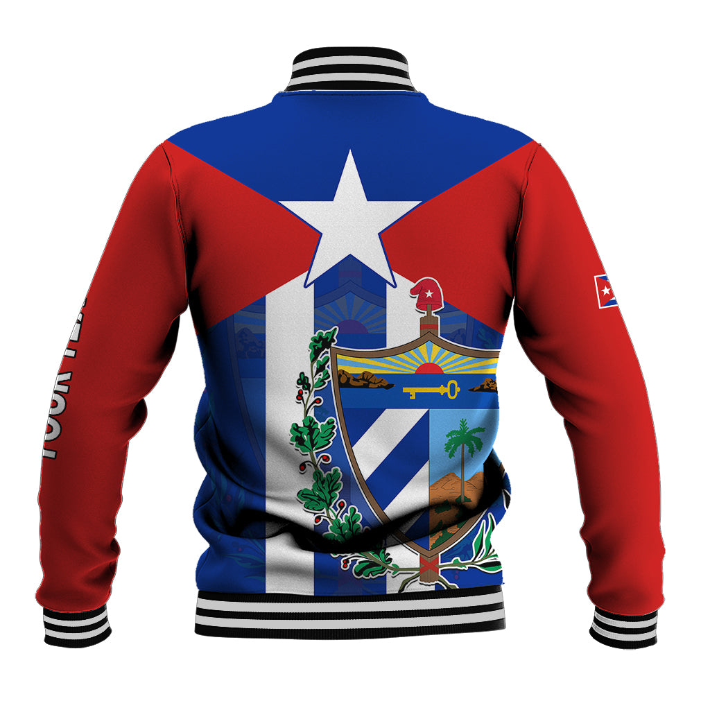 Back of blue and red baseball jacket with large star crest, striped cuffs