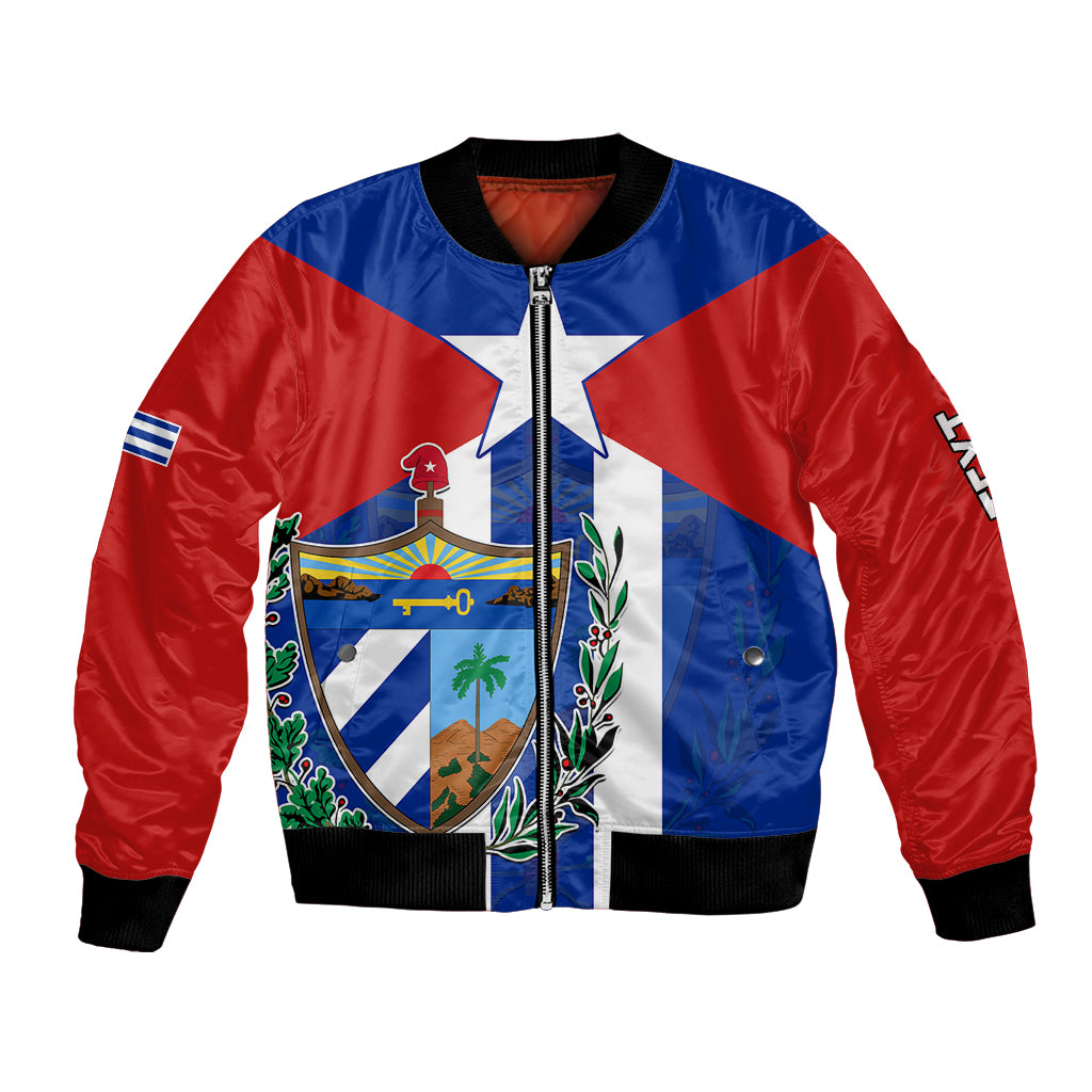 Blue red bomber jacket with full-zip front, ribbed cuffs, and Cuba coat-of-arms graphic