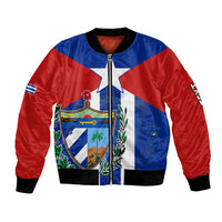 Blue red bomber jacket with full-zip front, ribbed cuffs, and Cuba coat-of-arms graphic