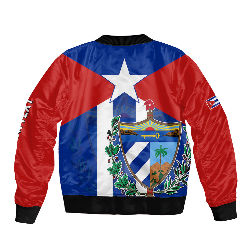 Back of blue red bomber jacket with crest emblem and star motif on ribbed hem