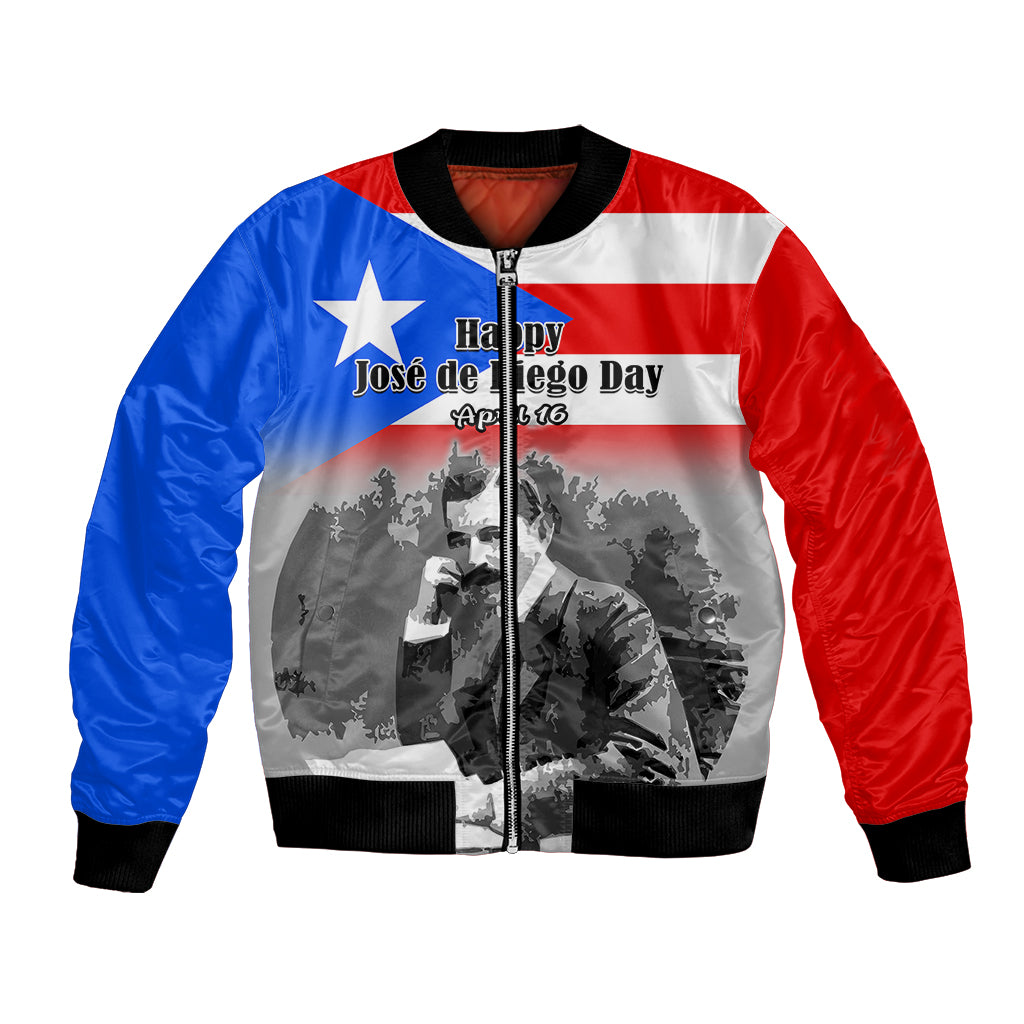 Unisex bomber jacket, red/blue/white panels, star and portrait print, zipper