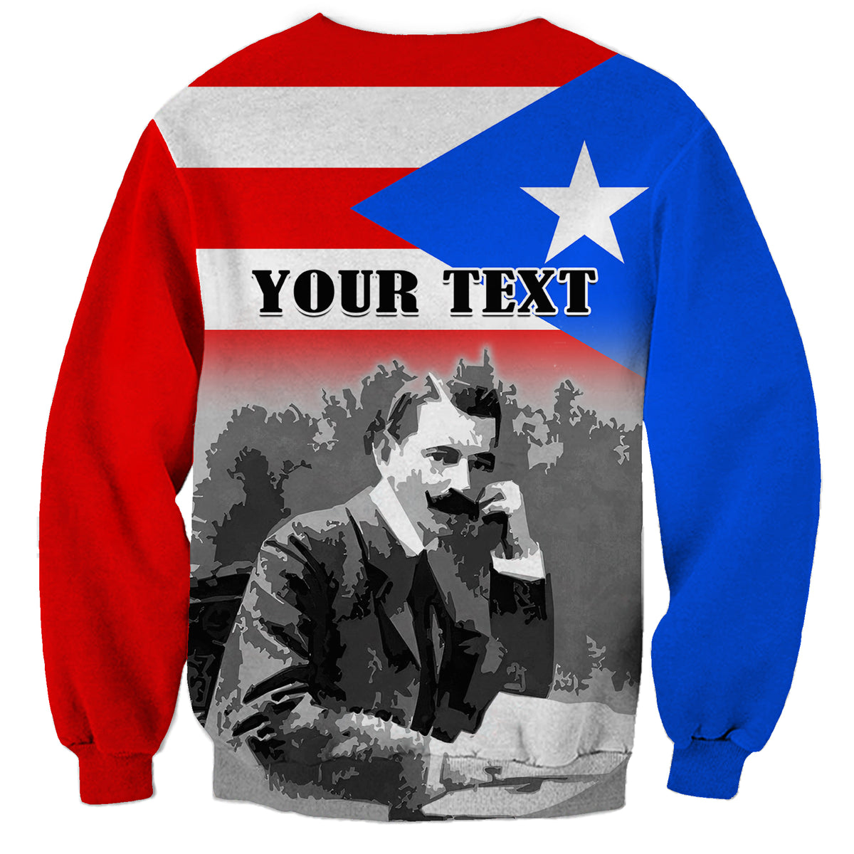 Unisex sweatshirt in red and blue with Puerto Rico flag star, portrait, and 'YOUR TEXT' area