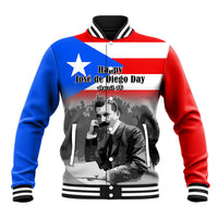 Red and blue baseball jacket with white graphic panel, varsity stripes on collar