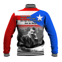 Back of red and blue baseball jacket with white graphic panel, striped rib cuffs