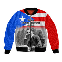 Unisex red, white and blue bomber jacket with front zipper and star graphic