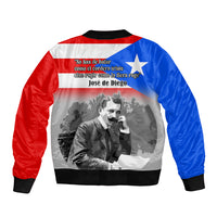Unisex red, white and blue bomber jacket with back portrait graphic and slogan