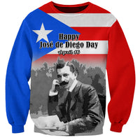 Unisex Puerto Rico sweatshirt with red, blue & gray flag graphic and Jose de Diego print