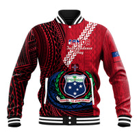 Red baseball jacket with black geometric print, striped ribbed collar and front graphic
