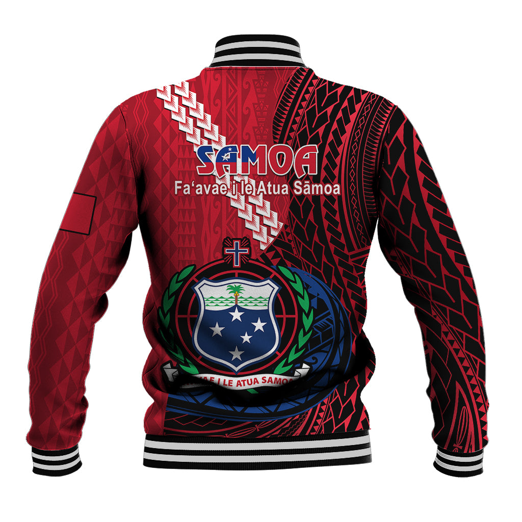 Red baseball jacket with black geometric print, striped ribbed cuffs and large back graphic